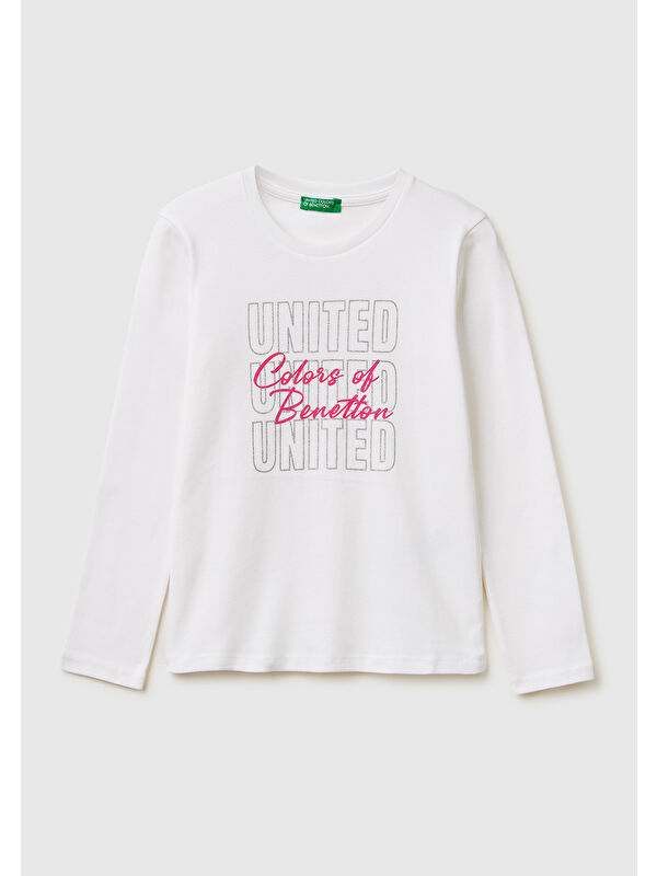 United Colors Of Benetton Kız Çocuk Beyaz Simli Logo Detaylı Bisiklet Yaka Uzun Kollu T-Shirt