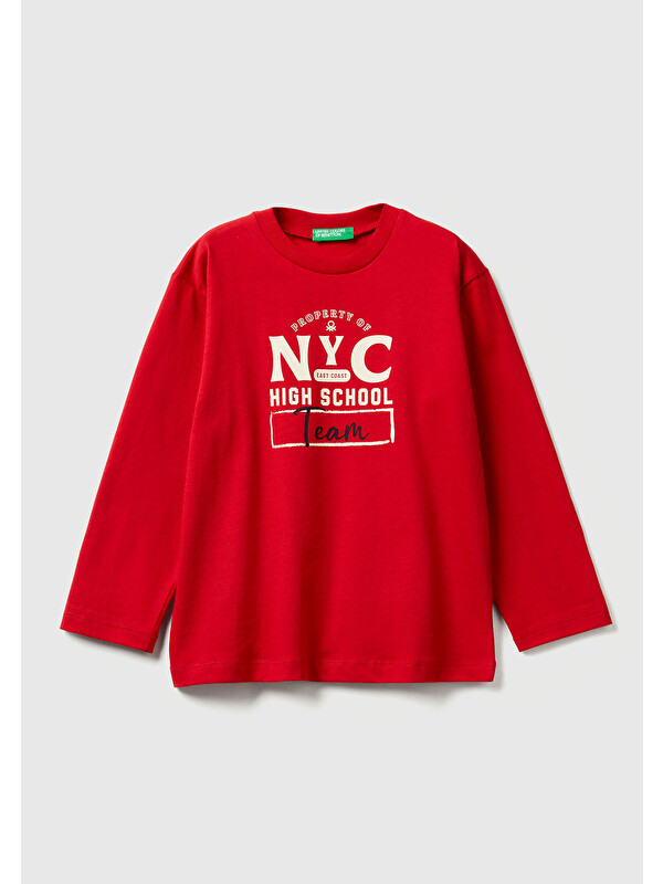 United Colors Of Benetton Erkek Çocuk Kırmızı Baskılı Relaxed Fit Jarse Uzun Kollu T-shirt
