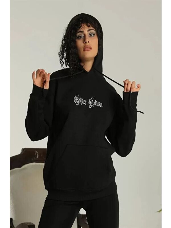 Jane's Sırt Baskılı Oversize Üç İplik Kapüşonlu Sweatshirt - Siyah