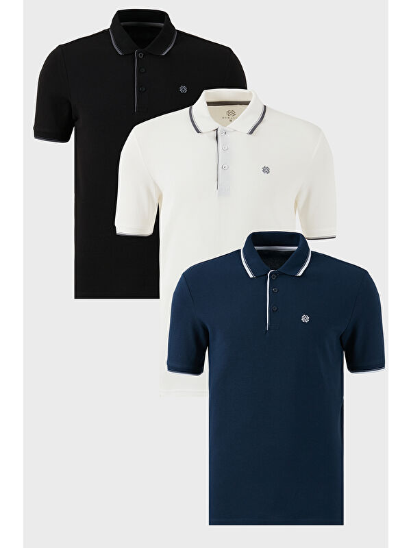 Buratti Pamuklu Slim Fit Şerit Detaylı Düğmeli Polo Yaka 3'lü Paket %100 Pamuk Tişört 5902118S3