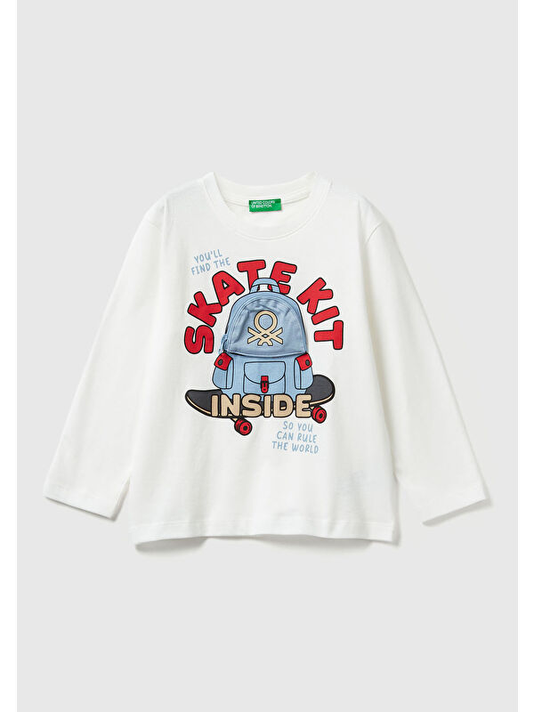 United Colors Of Benetton Erkek Çocuk Ekru Önü Baskılı Fermuarlı Aplikeli Jarse Uzun Kollu T-shirt