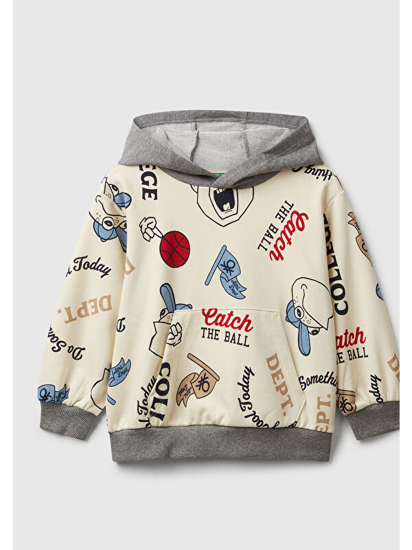 United Colors Of Benetton Erkek Çocuk Ekri Mix Tamamı Baskılı Önü Cepli Kapüşonlu Sweatshirt