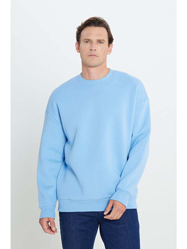 AC&Co / Altınyıldız Classics Erkek Açık Mavi Oversize Fit Bol Kesim Pamuklu İçi Polarlı Bisiklet Yaka Sweatshirt