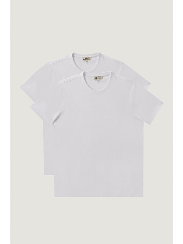 AC&Co / Altınyıldız Classics Erkek Beyaz-Beyaz Slim Fit Bisiklet Yaka 2'li Düz Tişört Paketi