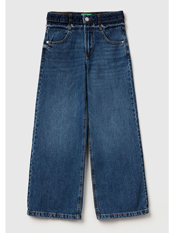 United Colors Of Benetton Kız Çocuk Koyu Mavi Taş Yıkama Logo İşleme Detaylı Straight Fit Denim Pantolon