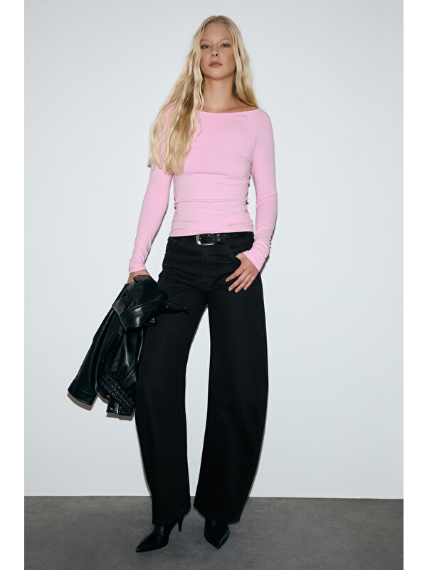 GRIMELANGE KARAKOLA Kadın Organik Pamuklu Kayık Yaka Reglan Kol Slim Fit PEMBE Bluz