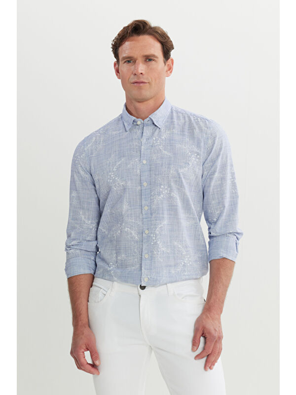 Altınyıldız Classics Erkek Lacivert Slim Fit Dar Kesim Gizli Düğme Yaka %100 Pamuk Baskılı Gömlek