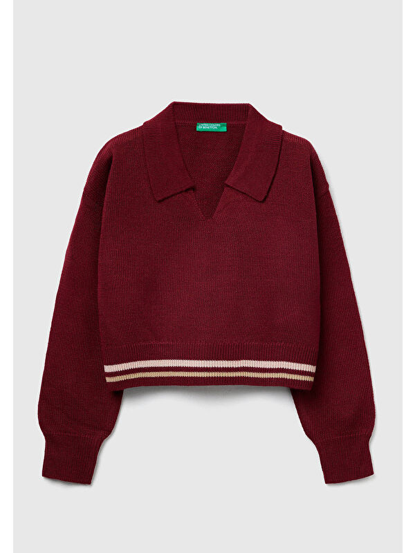 United Colors Of Benetton Kız Çocuk Bordo %100 Akrilik Kontrast Şerit Detaylı Polo Yaka Kazak
