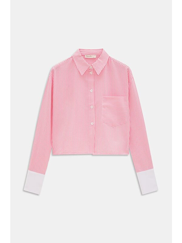 Saade Pembe Kadın Çizgili Relax Fit Tek Cep Dokuma Crop Gömlek - Manşeti Beyaz