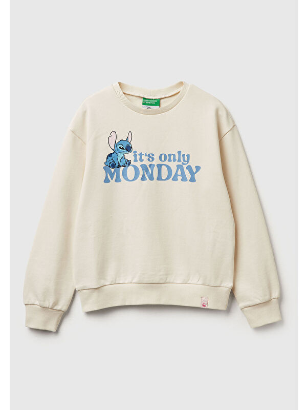 United Colors Of Benetton Kız Çocuk Ekru Önü Baskılı Logo Etiketli Relaxed Fit Sweatshirt