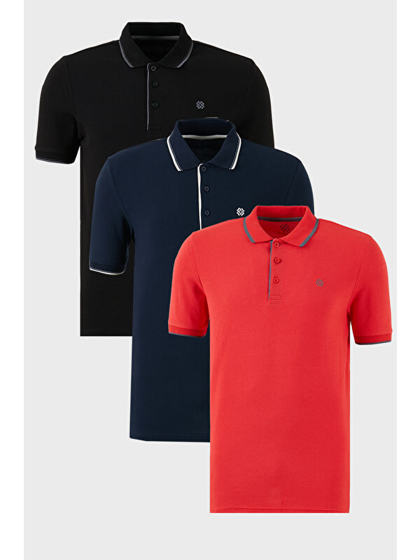 Buratti Pamuklu Slim Fit Şerit Detaylı Düğmeli Polo Yaka 3'lü Paket %100 Pamuk Tişört 5902118S3