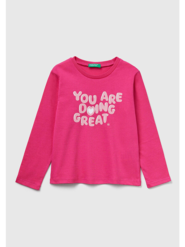 United Colors Of Benetton Kız Çocuk Pembe Önü Baskılı Ribana Yakalı Regular Fit Sweatshirt