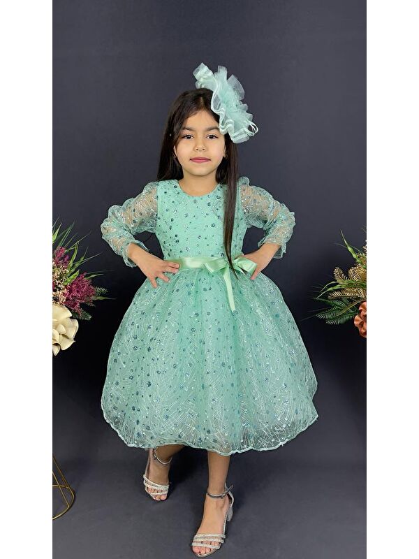 Mnk Baby & Kids Pullu Simli Dantel Tokalı Kız Çocuk Abiye MNK0538