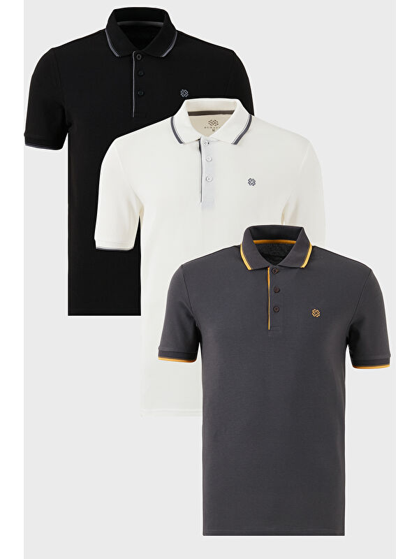 Buratti Pamuklu Slim Fit Şerit Detaylı Düğmeli Polo Yaka 3'lü Paket %100 Pamuk Tişört 5902118S3
