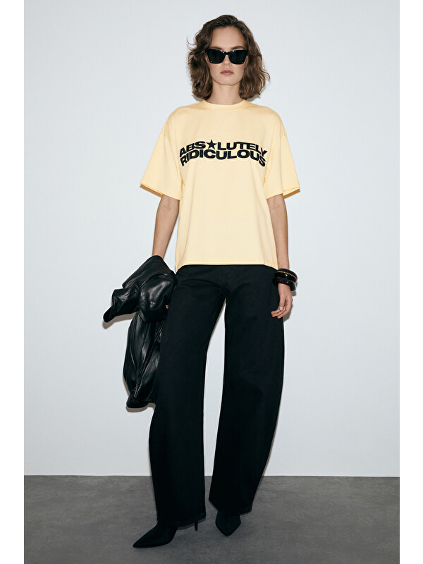 GRIMELANGE TAMBEZA Kadın %100 Pamuk Yumuşak Kumaşlı Baskı Detaylı SARI T-Shirt