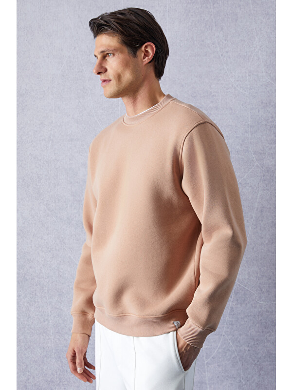 GRIMELANGE TRAVIS Erkek Organik Kumaşlı Yumuşacık Regular Fit Yuvarlak Yakalı BEJ Sweatshirt