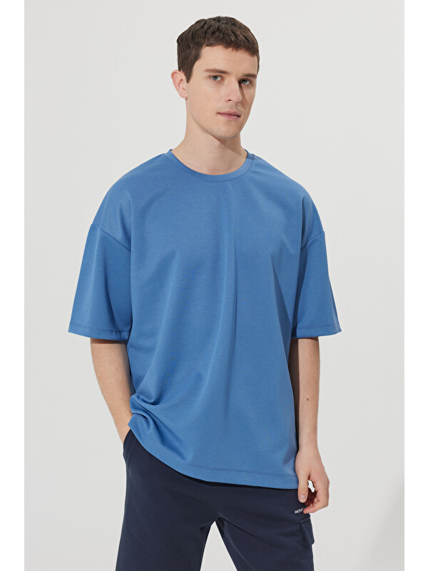 AC&Co / Altınyıldız Classics Erkek İndigo Oversize Bol Kesim Bisiklet Yaka Kısa Kollu Sweatshirt