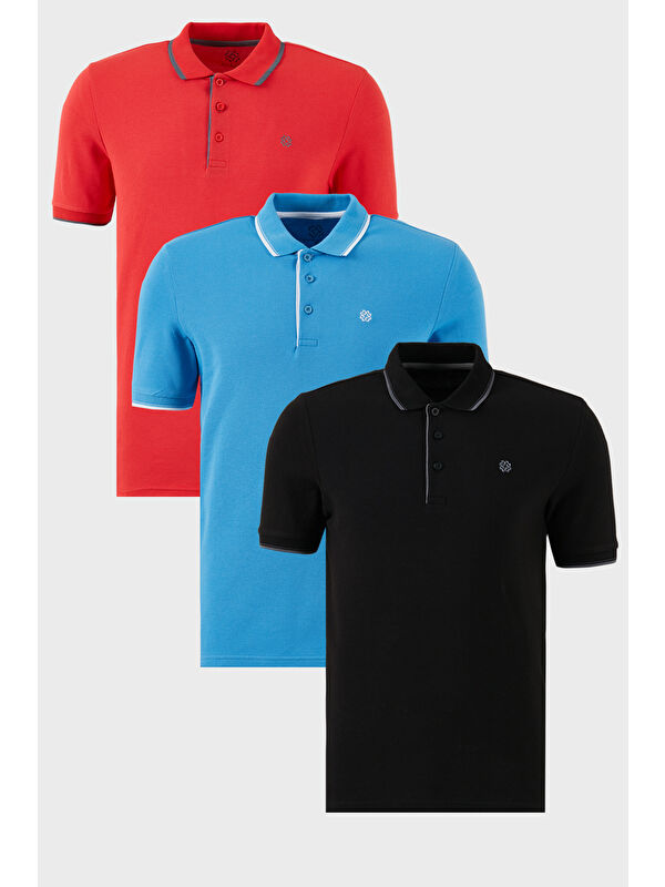 Buratti Pamuklu Slim Fit Şerit Detaylı Düğmeli Polo Yaka 3'lü Paket %100 Pamuk Tişört 5902118S3