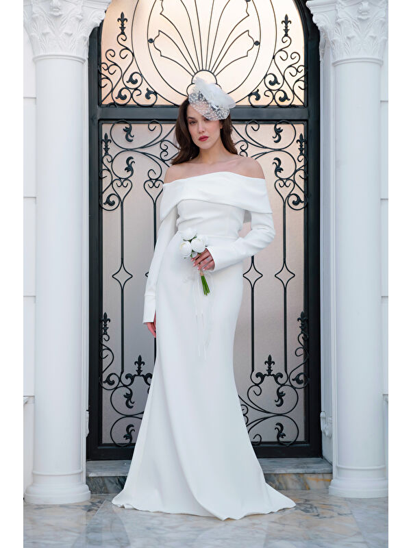 Lafaba Kadın Beyaz Kayık Yaka Uzun Kol Söz Nişan Nikah Abiye Elbise