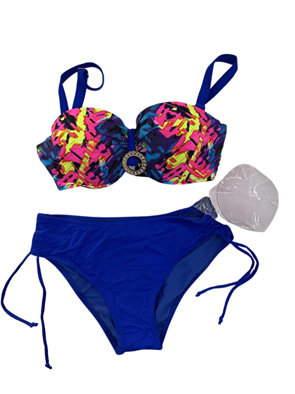 Hazelin Kadın Saks Mavi Renk Desenli Toka Detaylı Astarlı Bikini Takım HZL25S-LC3322
