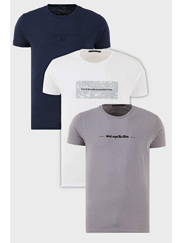 Buratti Pamuklu Slim Fit Bisiklet Yaka Baskılı 3'lü Paket %100 Pamuk Tişört 541S31