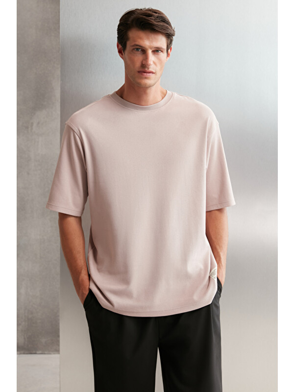 GRIMELANGE JOEL Erkek %100 Organik Pamuklu Kalın Kumaşlı Özel Dokulu Etiket Detaylı Oversize PEMBE T-Shirt