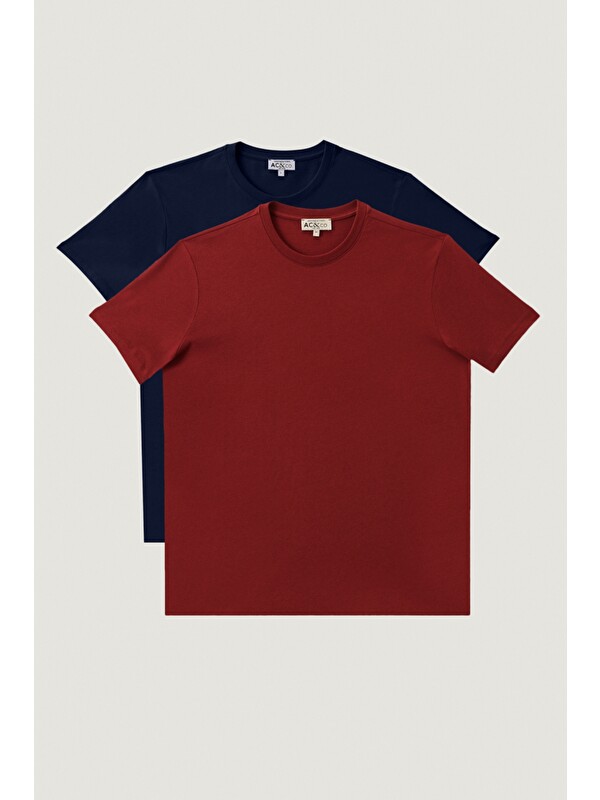 AC&Co / Altınyıldız Classics Erkek Bordo-Lacivert Slim Fit Bisiklet Yaka 2'li Düz Tişört Paketi