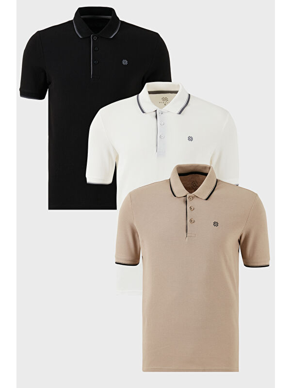 Buratti Pamuklu Slim Fit Şerit Detaylı Düğmeli Polo Yaka 3'lü Paket %100 Pamuk Tişört 5902118S3