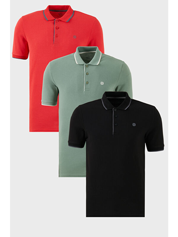 Buratti Pamuklu Slim Fit Şerit Detaylı Düğmeli Polo Yaka 3'lü Paket %100 Pamuk Tişört 5902118S3