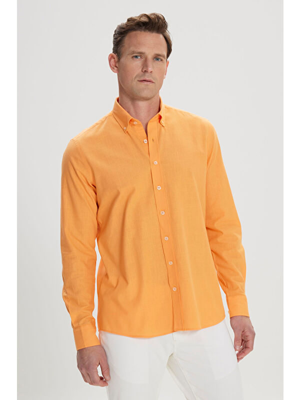 AC&Co / Altınyıldız Classics Erkek Turuncu %100 Pamuk Oxford Slim Fit Dar Kesim Düğmeli Yaka Flamlı Gömlek