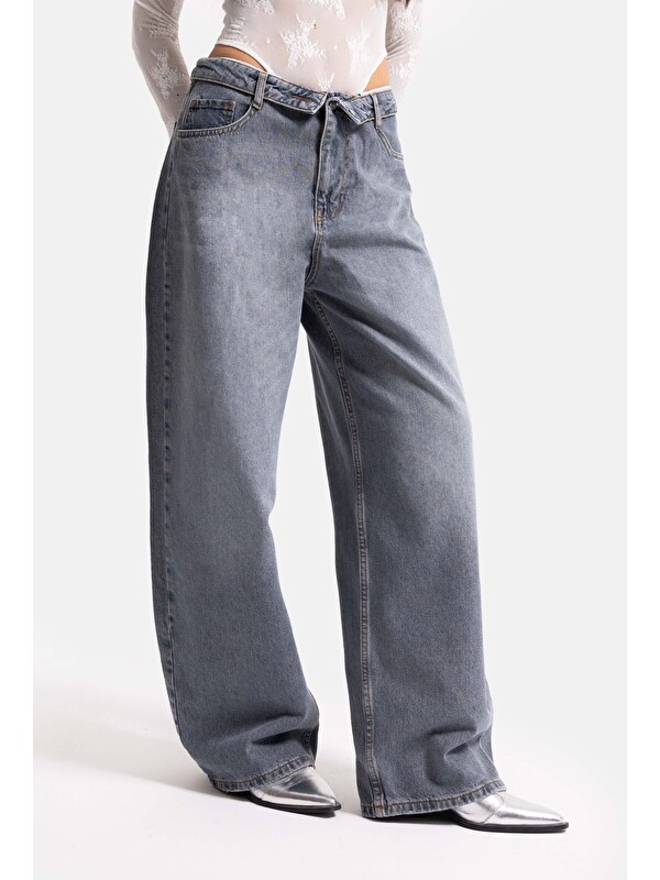 It's Basic Kadın Koyu Gri 2w6-125 Straight Fit Kemer Detaylı Denim Jean