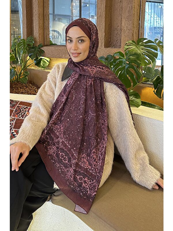 Lamelif Retro Desen Bambu Şal Mürdüm