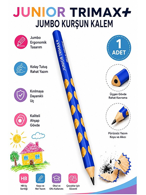 Artlantis Jumbo Kurşun Kalem Oluklu 1 Adet Alpino Trimax Üçgen Oluklu Kalın Kalem Pastel Renkler Kolay Tutuş v