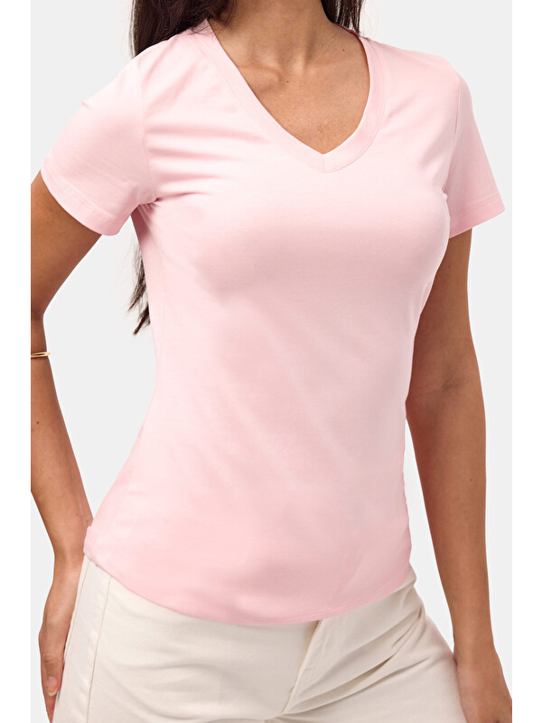 It's Basic Kadın Light Pembe s6-98 V Yaka %100 Organik Pamuk Esnek Kumaş T-Shirt