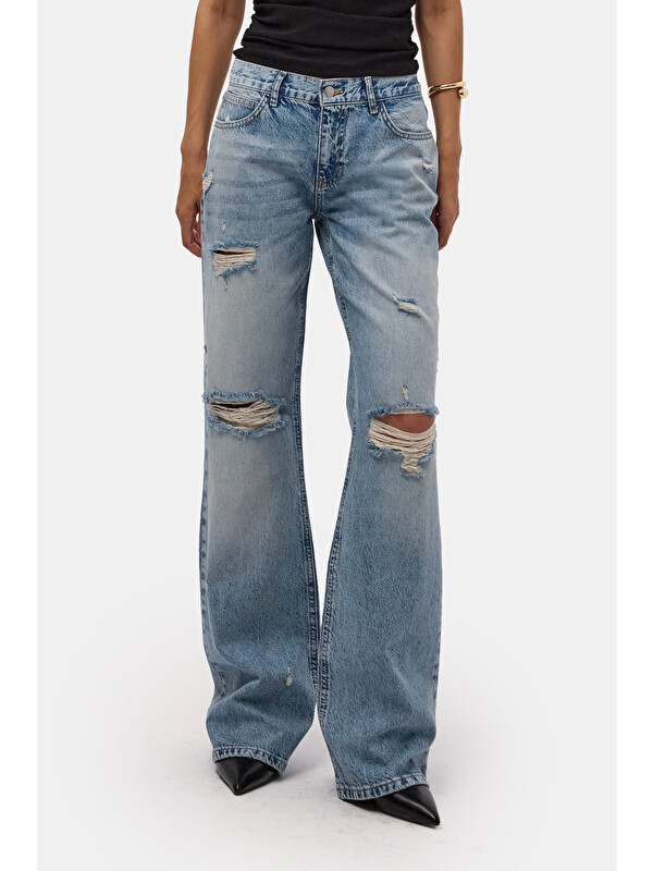 It's Basic Kadın Jean Rengi 12s6-32 Bootcut Fit Yırtık Detaylı Denim Jean