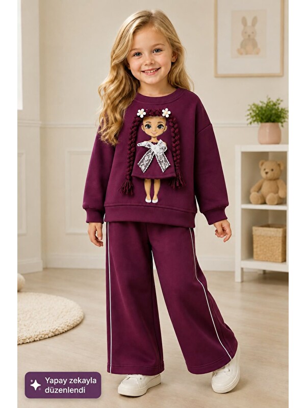 My Kids Wear Kız Çocuk Baskılı Sweatshirt ve Bol Paça Pantolonlu 2'li Eşofman Takımı 12928
