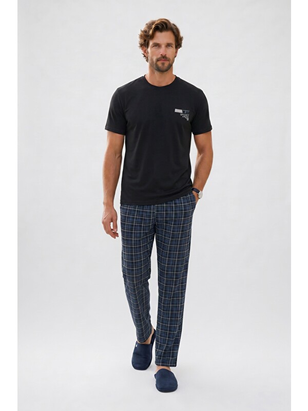 TUDORS Erkek Standart Fit Normal Kesim Pamuklu Bisiklet Yaka Kısa Kollu Lastikli Siyah Pijama Takımı