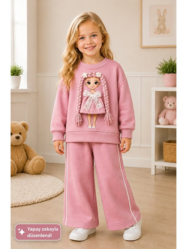 My Kids Wear Kız Çocuk Baskılı Sweatshirt ve Bol Paça Pantolonlu 2'li Eşofman Takımı 12930