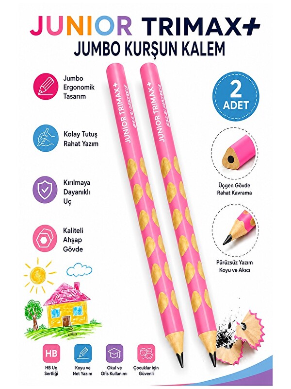 Artlantis Pembe Jumbo Kurşun Kalem Oluklu 2 Adet Alpino Trimax Üçgen Oluklu Kalın Kalem Pastel Renkler Kolay T