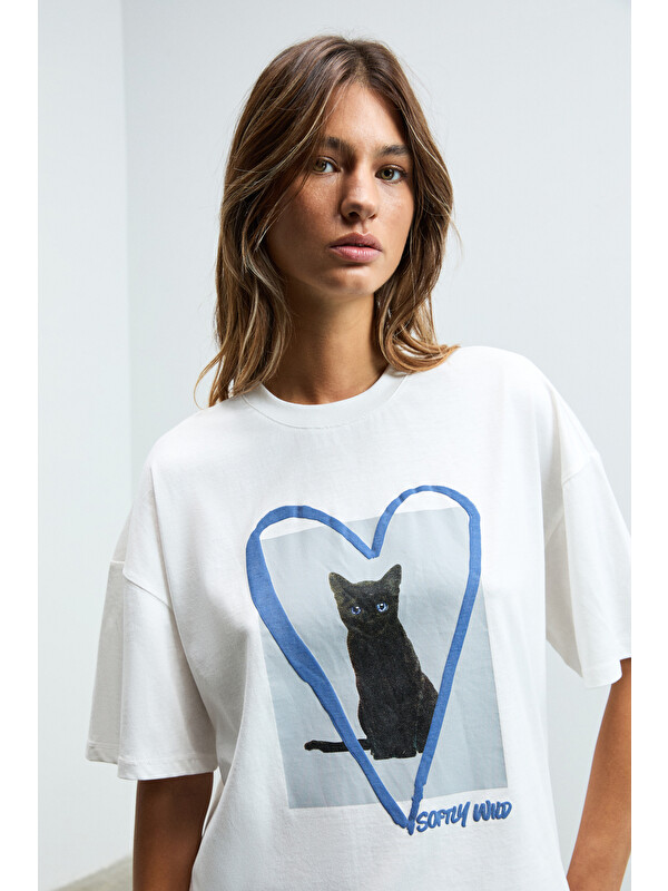 GRIMELANGE AYUKRA Kadın Yumuşak Ve Esnek Kumaşlı Baskı Detaylı Bisiklet Yakalı BEYAZ T-Shirt