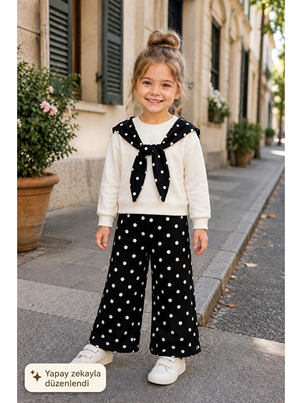 My Kids Wear Kız Çocuk Puantiyeli Fular Detaylı Krem Sweatshirt Ve Bol Paça Pantolon Takım 12932