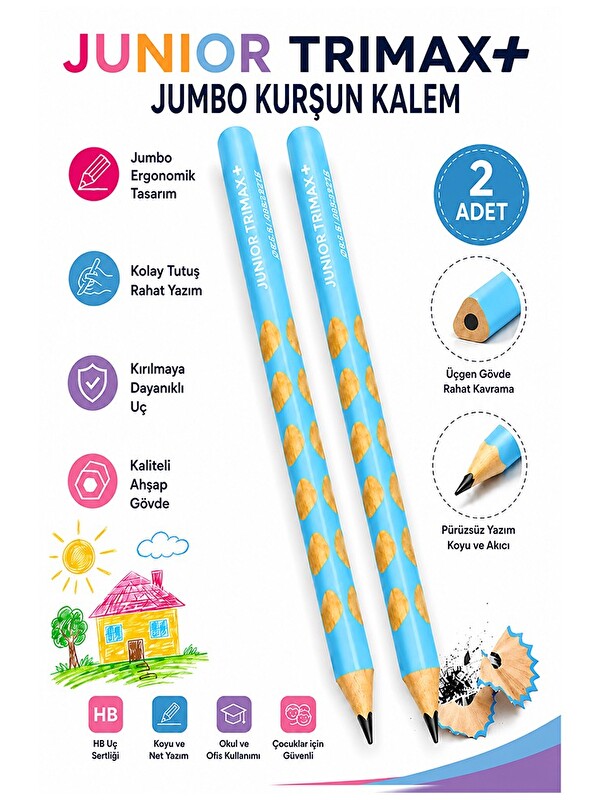 Artlantis Turkuaz Jumbo Kurşun Kalem Oluklu 2 Adet Alpino Trimax Üçgen Oluklu Kalın Kalem Pastel Renkler Kolay