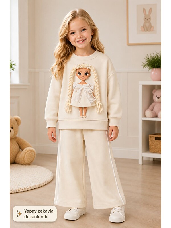 My Kids Wear Kız Çocuk Baskılı Sweatshirt ve Bol Paça Pantolonlu 2'li Eşofman Takımı 12929