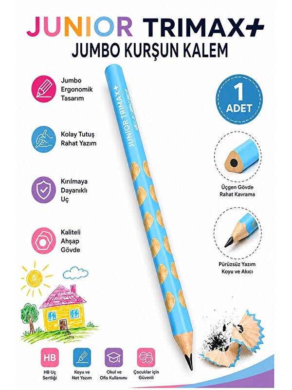 Artlantis Jumbo Kurşun Kalem Oluklu 1 Adet Alpino Trimax Üçgen Oluklu Kalın Kalem Pastel Renkler Kolay Tutuş v