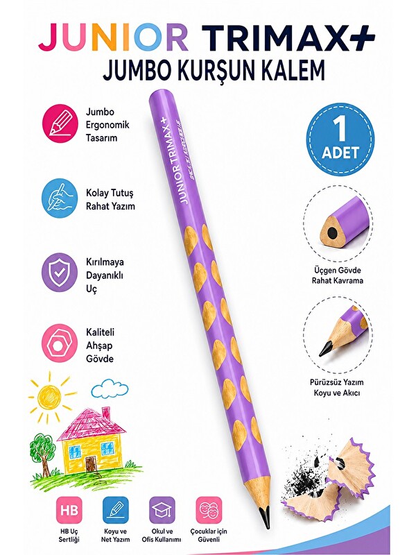 Artlantis Jumbo Kurşun Kalem Oluklu 1 Adet Alpino Trimax Üçgen Oluklu Kalın Kalem Pastel Renkler Kolay Tutuş v