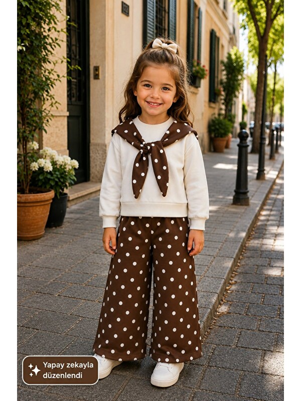 My Kids Wear Kız Çocuk Puantiyeli Fular Detaylı Krem Sweatshirt Ve Bol Paça Pantolon Takım 12934