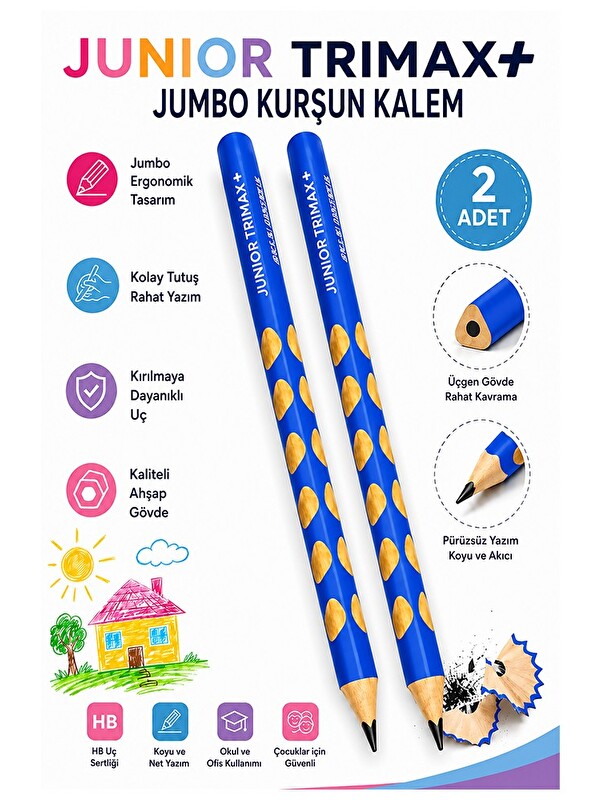 Artlantis Mavi Jumbo Kurşun Kalem Oluklu 2 Adet Alpino Trimax Üçgen Oluklu Kalın Kalem Pastel Renkler Kolay Tu