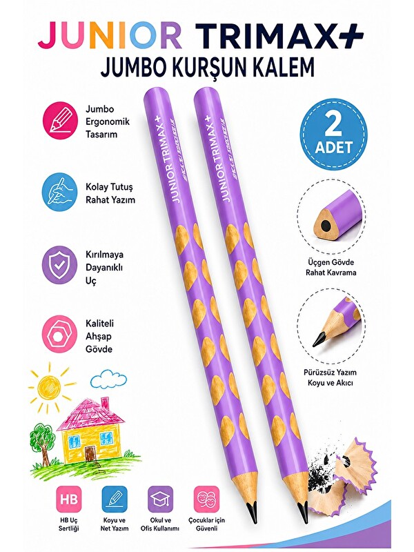 Artlantis Lila Jumbo Kurşun Kalem Oluklu 2 Adet Alpino Trimax Üçgen Oluklu Kalın Kalem Pastel Renkler Kolay Tu