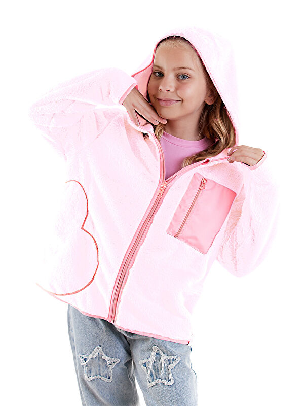 Denokids Kalp Cepli Kız Çocuk Pembe Pelüş Mont