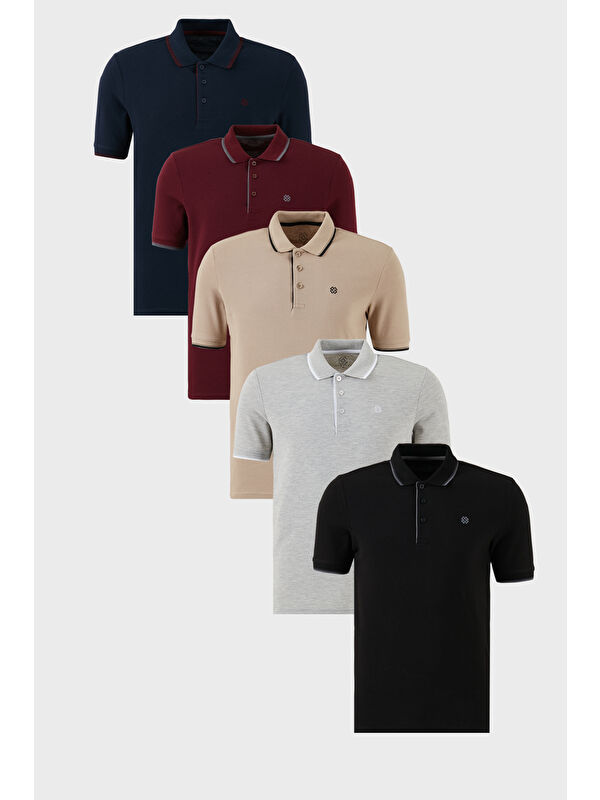 Buratti Pamuklu Slim Fit Şerit Detaylı Düğmeli Polo Yaka 5'li Paket %100 Pamuk Tişört 5902118S5